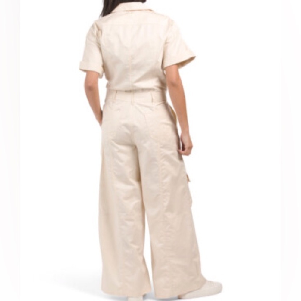 Zara Women XS Beige Cotton Relaxed Short Sleeve Wide Leg Cargo Jumpsuit NWOT - Picture 2 of 13